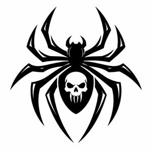 Puede incluir: Gráfico en blanco y negro de una araña con patas puntiagudas. El abdomen de la araña presenta un diseño de calavera con dientes afilados. La araña tiene una apariencia amenazante, con un estilo gráfico audaz.