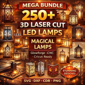 Más de 250 archivos cortados con láser para lámparas LED 3D (SVG, DXF, Glowforge, CNC, Cricut, patrones de lámparas de madera para luz nocturna, descarga digital)