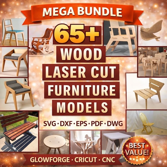 65+ Laser Cut Furniture SVG Bundle | CNC Woodworking Plans | Glowforge Cricut Files | Chair Table Bench DXF  Digital Download