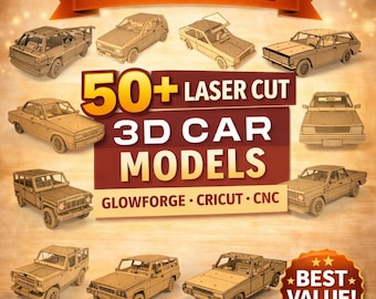 50+ Laser Cut 3D Car Models Bundle SVG | Glowforge Cricut CNC Files | Wooden Car Plans | Digital Download
