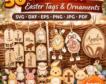 50+ Easter Tag SVG Bundle, personalized laser cut bunny egg name tags for baskets, gifts and sweet handmade spring keepsakes
