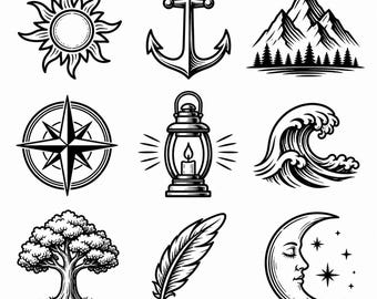 Adventure SVG, PNG: Nature Symbol Bundle, Sun Anchor Mountain Wave Moon, Outdoor Cut Files, Instant Download