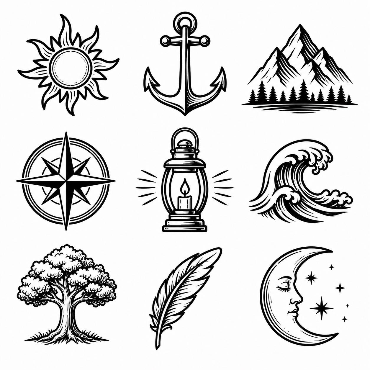Adventuring Symbol Adventure SVG, PNG: Nature Symbol Bundle, Sun Anchor Mountain Wave Moon ...