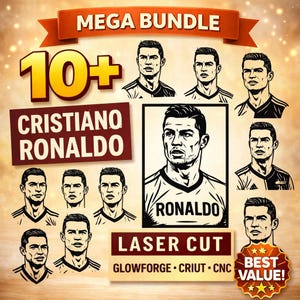 Paquete SVG de Cristiano Ronaldo, archivos de corte láser de futbolista, vector de grabado CNC Glowforge Cricut, megapaquete de siluetas de fútbol para pared