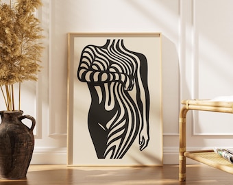 ミニマリストな女性のシルエットのアートプリント、ブラックとベージュ（デジタルダウンロード）