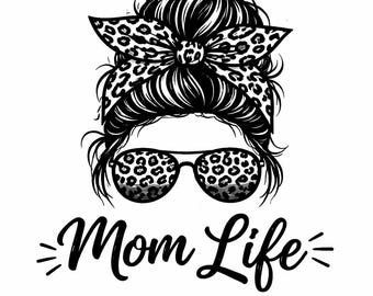 ママライフのメッシーバンSVG、ヒョウ柄リボンサングラスカットファイル、スタイリッシュなママPNG（Cricutシャツ、タンブラー、ギフト用）（デジタルダウンロード）