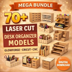 Más de 70 organizadores de escritorio cortados con láser en formato SVG, archivos CNC para Cricut Glowforge, planos de almacenamiento de oficina de madera y descarga digital en formato DXF.