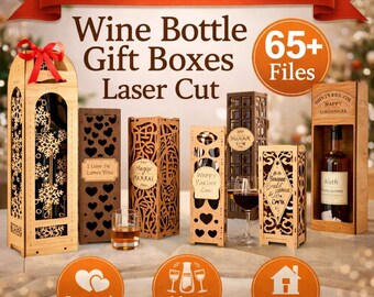 Weinflasche Geschenkbox Laser Cut Bundle, Hochzeit Geburtstag Wein Box SVG, Laser Cut Weinhalter Dateien, personalisierte Geschenkbox CNC Glowforge