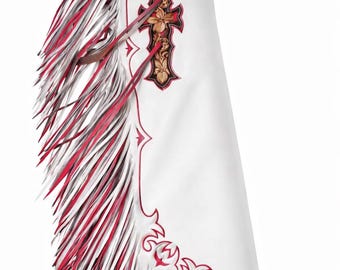White Leather Show Chaps | Hand-Tooled Cross Pink Fringe | Custom Western Rodeo