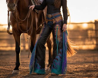 Luxury Leather Rodeo Chaps Black Purple Green Fringe Cowboy Chaps Handmade Western Designer