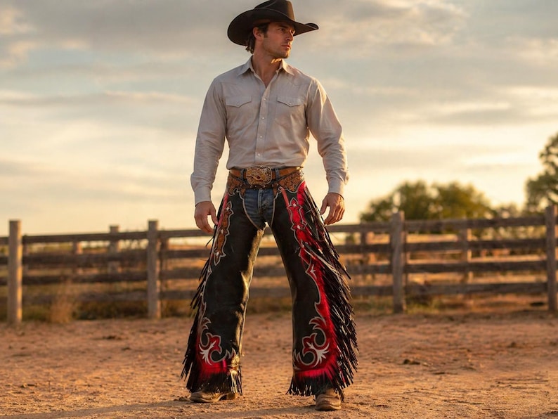 May include: A person wearing a cowboy hat, light-colored button-down shirt, and decorative chaps. The chaps are black with red and white accents and fringe. The background features a wooden fence and a sunset.