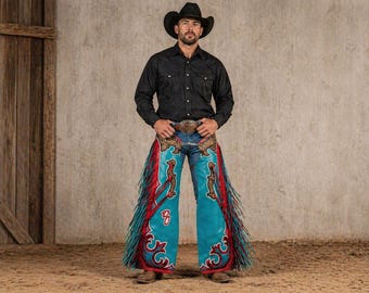 Custom Rodeo Leather Chaps Turquoise Red Fringe Cowboy Chaps Personalized Bull Riding Gear