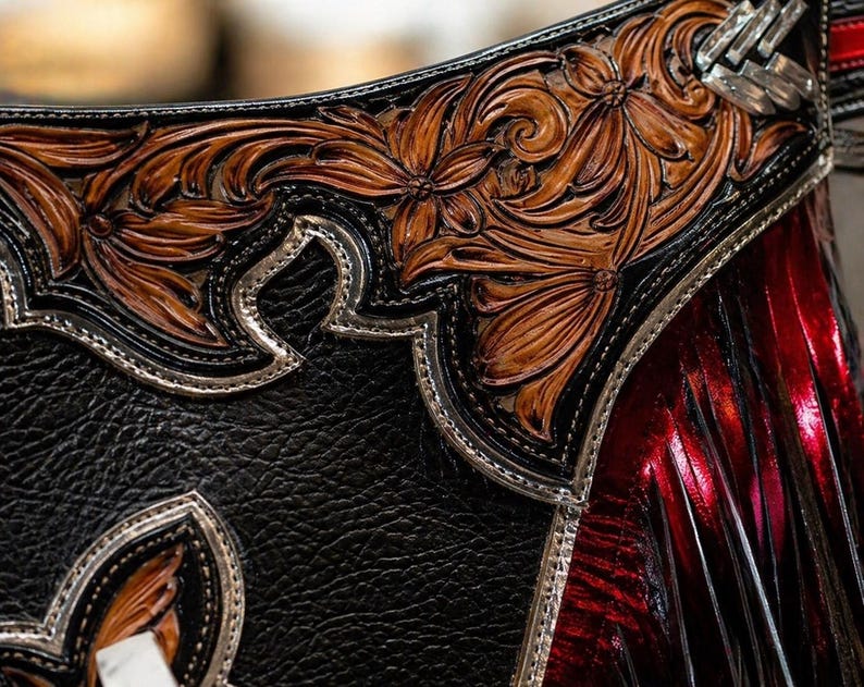 May include: Close-up of a handcrafted leather item with intricate floral tooling. The design features embossed brown flowers and leaves against a black background, accented with silver-toned metal trim and a red, textured section.