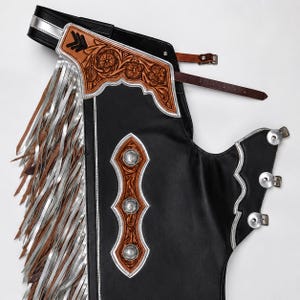 Handmade Tooled Leather Rodeo Chaps | Black Western Fringe Chaps | Custom Cowboy Show Chaps | Floral Tooling Performance Chaps