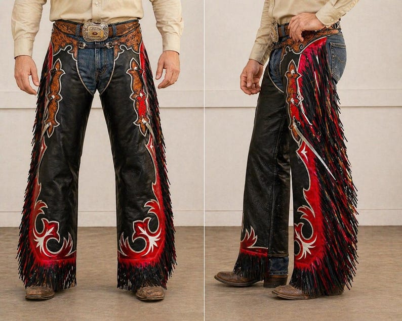 May include: Black leather chaps with red and white decorative accents and long fringe. The chaps feature a detailed design along the sides and bottom, with a brown leather belt and buckle.