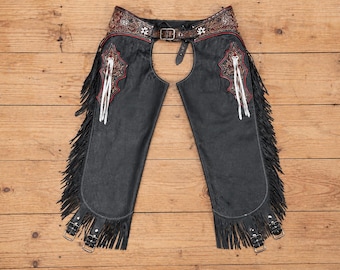 Black Leather Fringe Chaps for Men – Western Cowboy Rodeo Pants - customized sizing