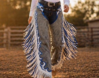 Unisex Western Leather Chaps Grey Suede Blue Fringe Rodeo Show Chaps