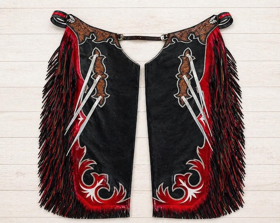 Rodeo Leather Chaps Black Red Fringe Cowboy Chaps Bull Riding Competition Western Gear