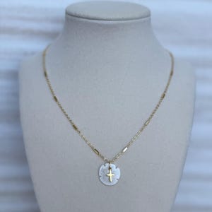 Petite Coastal Beach Sand Dollar Seashell Necklace with Gold Christian Faith Cross Handmade Waterproof