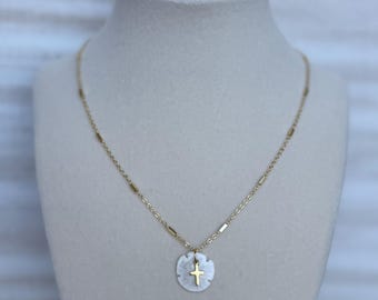 Petite Coastal Beach Sand Dollar Seashell Necklace with Gold Christian Faith Cross Handmade Waterproof