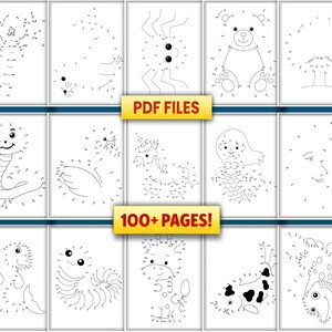 May include: A collection of printable connect-the-dot pages featuring various animals and objects. The pages include a snake, bear, mermaid, and more. The text "PDF FILES" and "100+ PAGES!" are displayed in yellow boxes.
