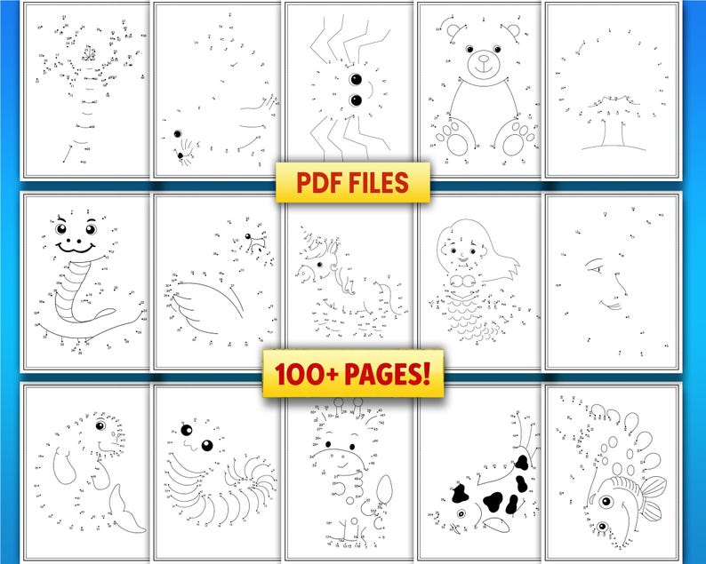 May include: A collection of printable connect-the-dot pages featuring various animals and objects. The pages include a snake, bear, mermaid, and more. The text "PDF FILES" and "100+ PAGES!" are displayed in yellow boxes.