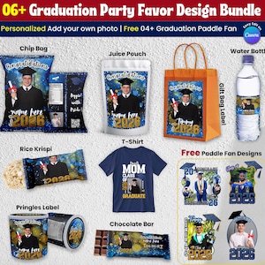 Könnte beinhalten: Ein Design-Bundle für Partygeschenke zur Abschlussfeier mit verschiedenen Artikeln wie Chip-Tüten, Saftbeuteln, einem T-Shirt und Wasserflaschenetiketten. Jeder Artikel ist mit einem Foto und dem Jahr 2026 personalisiert. Das Design umfasst ein Geschenkbeutel-Etikett und kostenlose Fächerdesigns.