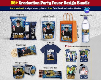Paquete de 7 plantillas para recuerdos de fiesta de graduación, diseño editable de dulces de graduación en azul y dorado en Canva, etiquetas personalizadas para agua de recuerdos de fiesta, bolsa de papas fritas