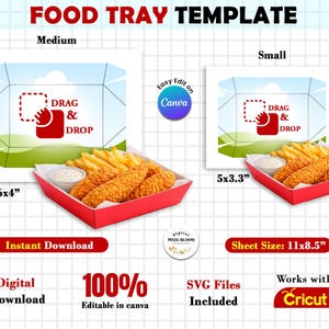 May include: A food tray template with two sizes, medium and small, featuring a red tray filled with fried chicken and fries. The medium tray is 6x4 inches, and the small tray is 5x3.3 inches. The template includes the text "Food Tray Template".