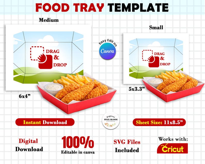 May include: A food tray template with two sizes, medium and small, featuring a red tray filled with fried chicken and fries. The medium tray is 6x4 inches, and the small tray is 5x3.3 inches. The template includes the text "Food Tray Template".