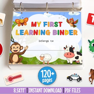 May include: A clear binder with the text "MY FIRST LEARNING BINDER" and the words "belongs to" on the cover. The cover features cartoon animals and a blue sky background. Includes 120+ pages and is 8.5x11 inches.