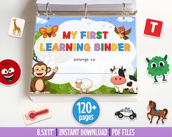 Puede incluir: Un archivador transparente con el texto "MY FIRST LEARNING BINDER" y las palabras "belongs to" en la portada. La portada presenta animales de dibujos animados y un fondo de cielo azul. Incluye más de 120 páginas y mide 21,59 x 27,94 cm.