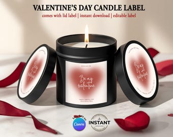 Valentine's Day Candle Label Canva Template | Valentine Sticker Designs | Love Hearts | Jar & Lid Labels | Editable Labels