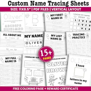 May include: A set of printable custom name tracing sheets. The sheets are white with black text and illustrations, designed for children to practice writing their names and other educational activities. The size is 27.9 x 21.6 cm.