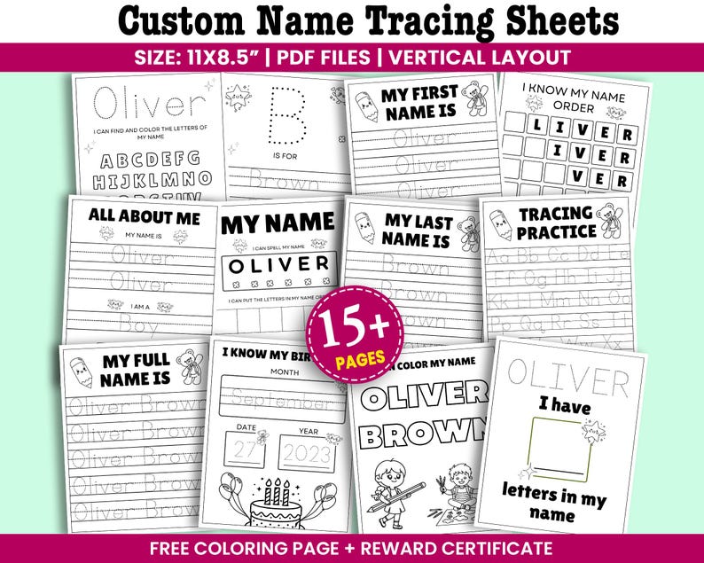 May include: A set of printable custom name tracing sheets. The sheets are white with black text and illustrations, designed for children to practice writing their names and other educational activities. The size is 27.9 x 21.6 cm.