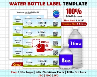 May include: A water bottle label template with the text "WATER BOTTLE LABEL TEMPLATE". The image shows label designs, two water bottles labeled "16oz" and "8oz", and the text "100% Editable in canva".