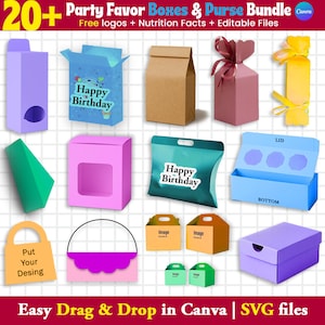 Op de afbeelding: Een verzameling van meer dan twintig feestelijke cadeauverpakkingen en portemonnee-bundels in verschillende vormen en kleuren. Bevat dozen met de tekst "Happy Birthday", een tasvormige doos en een doos met een handvat. De tekst "Easy Drag & Drop in Canva | SVG files" is ook zichtbaar.