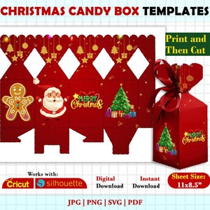 Może przedstawiać: Czerwony szablon pudełka na cukierki bożonarodzeniowe z świątecznymi wzorami. Zawiera piernikowego ludzika, Świętego Mikołaja i choinkę. Zawiera tekst "Merry Christmas" i instrukcje "Print and Then Cut". Rozmiar arkusza: 27,9 x 21,6 cm.