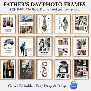 Puede incluir: Una colección de marcos de fotos para el Día del Padre, cada uno de 20,32 x 25,4 cm, con varios diseños. Los marcos presentan fotos familiares y textos como "Best Dad Ever" y "Happy Father's Day". El texto "Canva Editable" también es visible.