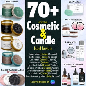 Könnte beinhalten: Ein digitaler Download von über 70 editierbaren Kosmetik- und Kerzen-Etiketten in verschiedenen Größen und Farben. Die Etiketten bieten eine Vielzahl von Designs, darunter Gläser, Flaschen, Seifen, Lippenbalsame und Warnhinweise für Kerzen. Die Etiketten sind einfach in Canva zu bearbeiten.
