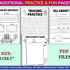 May include: A set of printable PDF pages for children, including tracing exercises, birthday information, and self-assessment activities. The pages are black and white, with the size of the pages being 27.9 x 21.6 cm.