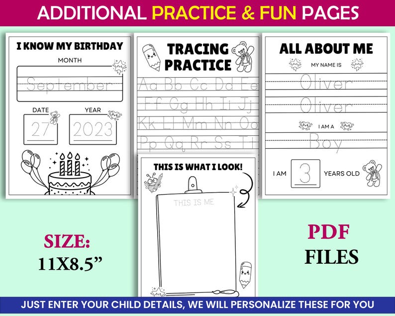 May include: A set of printable PDF pages for children, including tracing exercises, birthday information, and self-assessment activities. The pages are black and white, with the size of the pages being 27.9 x 21.6 cm.
