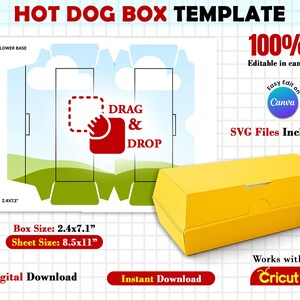 May include: A yellow hot dog box template with the text "HOT DOG BOX TEMPLATE". The box size is 2.4x7.1 inches, and the sheet size is 8.5x11 inches. The design is 100% editable in Canva and includes SVG files. It is a digital download.