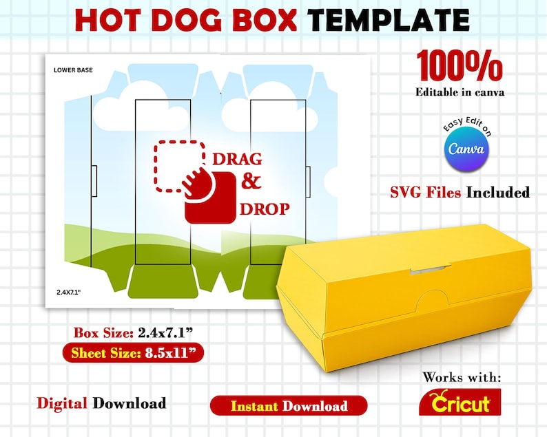 May include: A yellow hot dog box template with the text "HOT DOG BOX TEMPLATE". The box size is 2.4x7.1 inches, and the sheet size is 8.5x11 inches. The design is 100% editable in Canva and includes SVG files. It is a digital download.