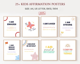 Kids Affirmation Posters Bundle | Printable Positive Wall Art for Children | Confidence, Calm & Growth Mindset Rainbow Decor