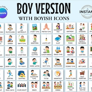 May include: A digital printable featuring a grid of illustrated icons for a boy's daily routine. The icons include activities like school, homework, bath time, and bedtime. The text "BOY VERSION" is at the top.