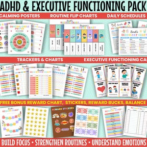 May include: ADHD and Executive Functioning Pack with calming posters, routine flip charts, and daily schedules. Includes trackers, charts, and executive functioning cards. Bonus reward charts, stickers, reward bucks, and balance sheets are also included.