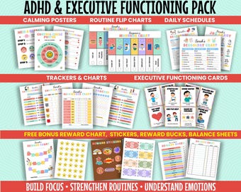 Kids ADHD Executive Functioning Printables ADHD Tools Habit Tracker Routine Checklists Calm Down Breathing Technique Reward Chart & Stickers