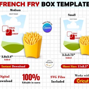 May include: A digital French fry box template with two sizes: medium (3.8x3.4 inches folded) and small (3.5x3.75 inches folded). The design includes a yellow box filled with fries, a drag and drop feature, and the text "Instant Download".