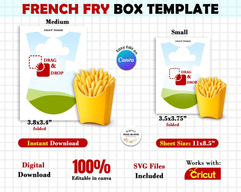 May include: A digital French fry box template with two sizes: medium (3.8x3.4 inches folded) and small (3.5x3.75 inches folded). The design includes a yellow box filled with fries, a drag and drop feature, and the text "Instant Download".